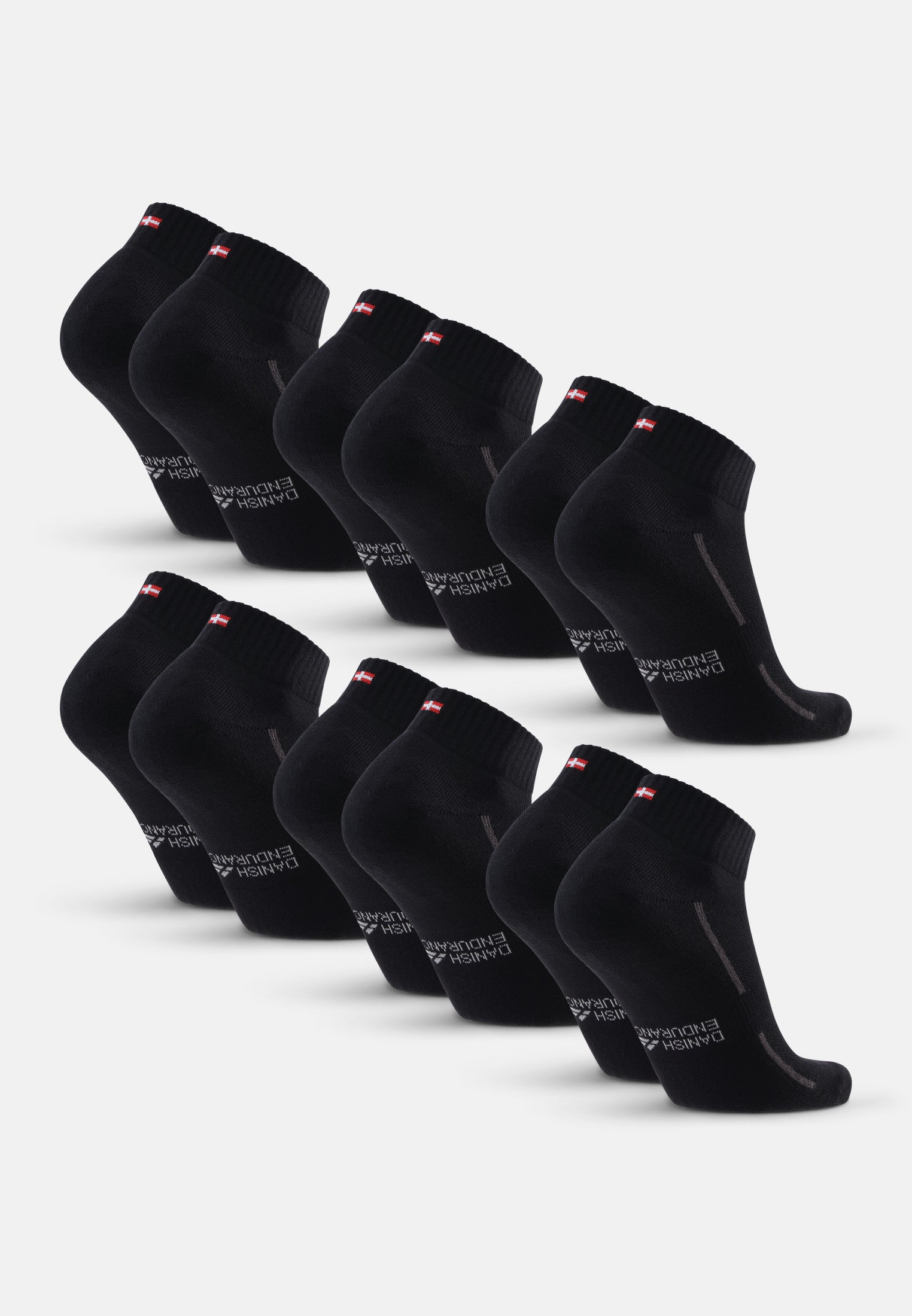 Eight black cotton quarter socks with a red and white flag design.