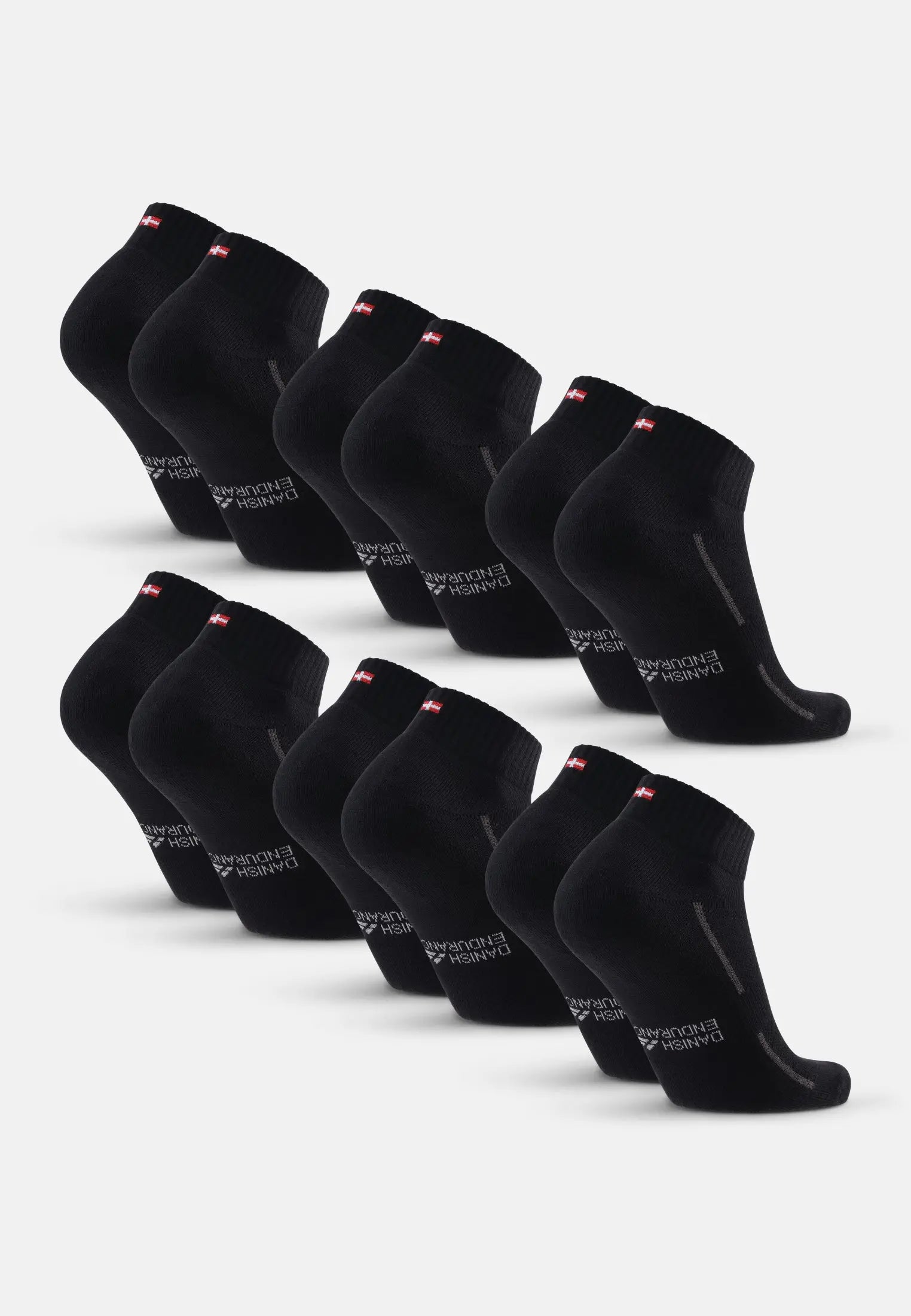 Eight black cotton quarter socks with a red and white flag design.