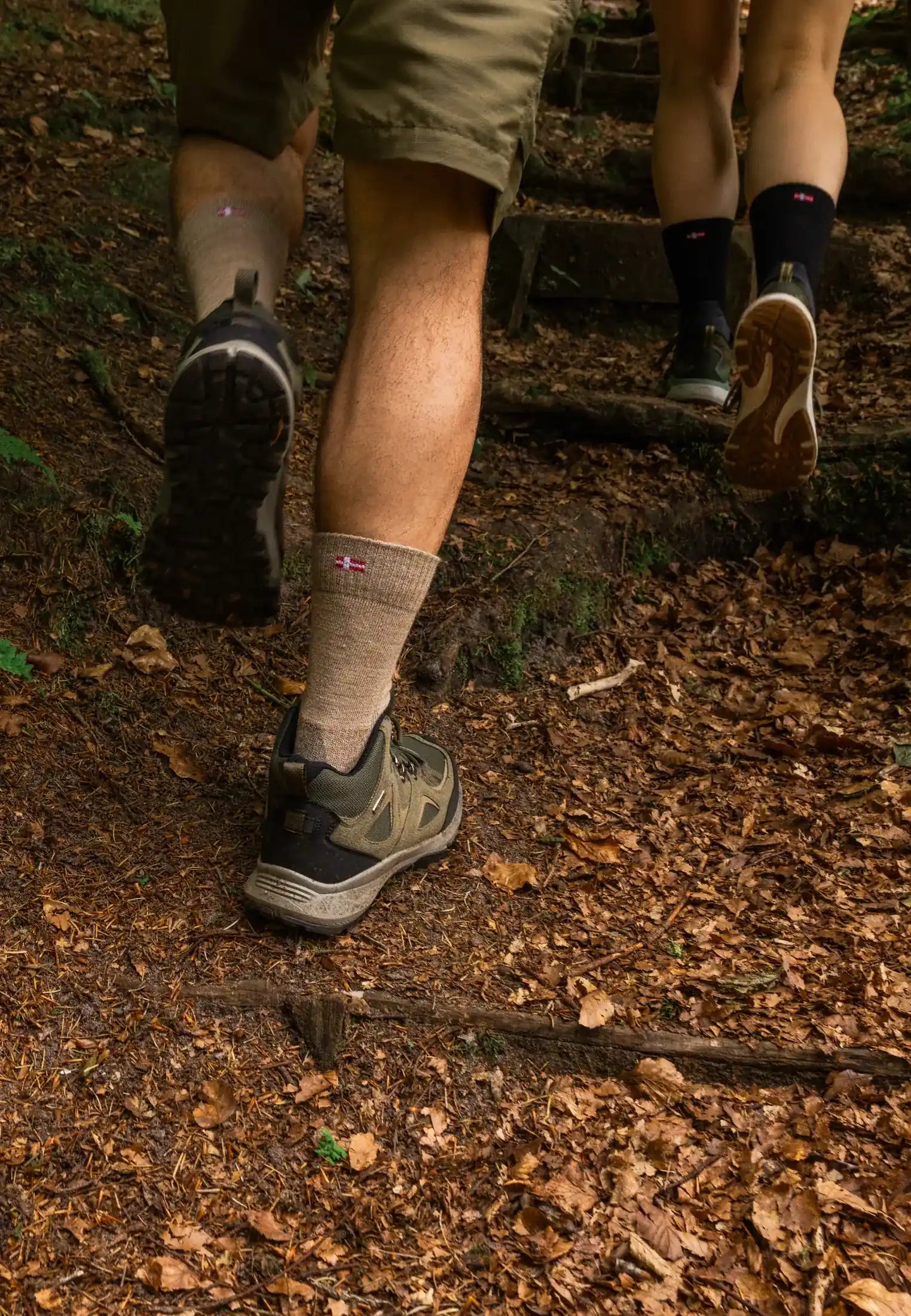 Hikers ascending a leaf-strewn path, wearing tan Merino wool socks and hiking shoes.