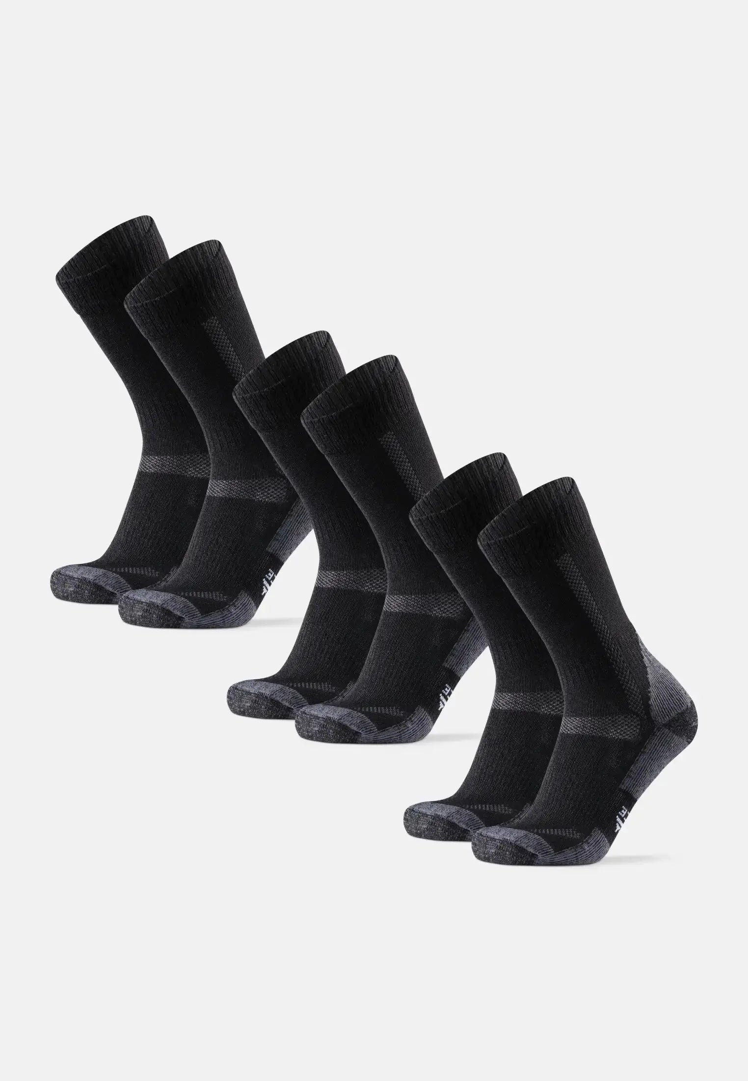 Five pairs of black merino wool hiking socks arranged in a neat row.