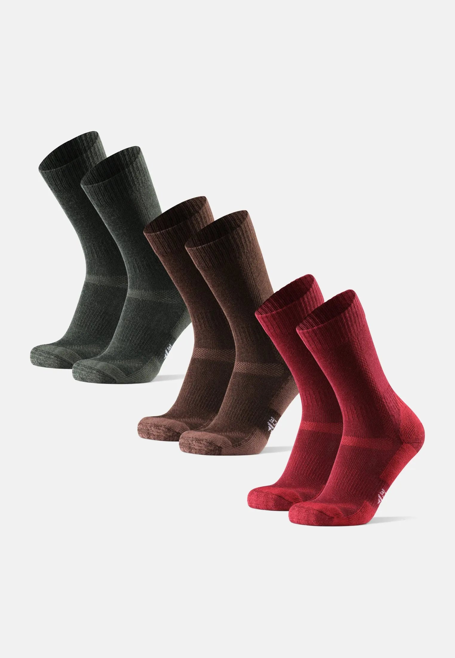 Three pairs of kids' merino wool hiking socks in gray, brown, and red, displayed side by side.