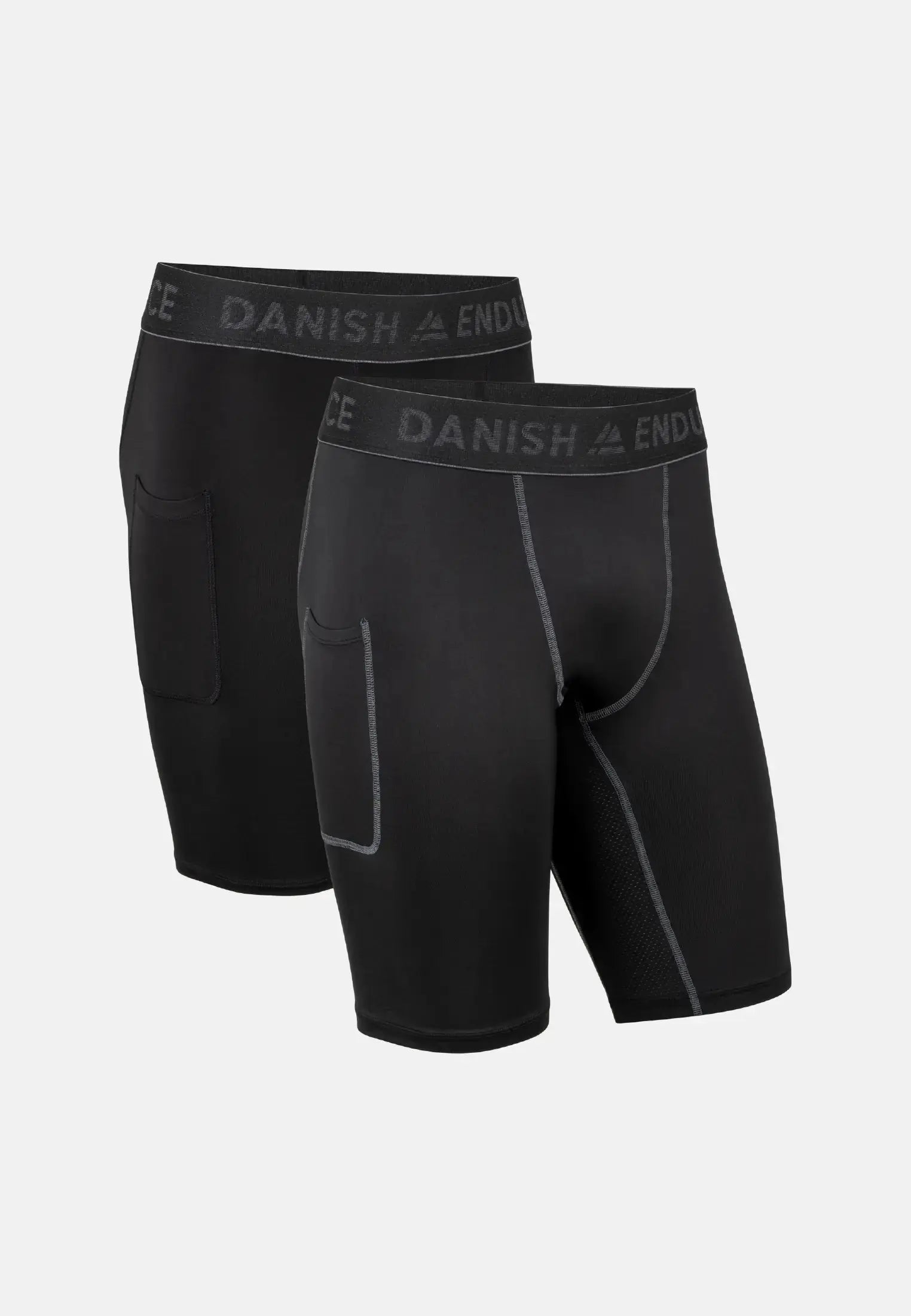 Two black men's compression shorts with pockets and visible stitching, labeled "Danish Endurance."