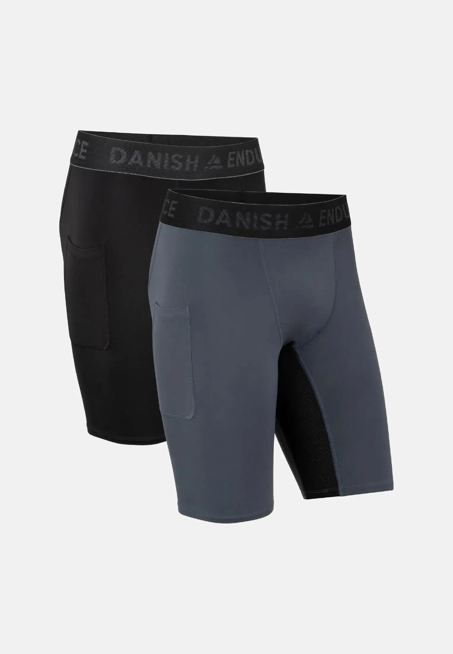 Two pairs of men's compression shorts, one black and one gray, with elastic waistbands.