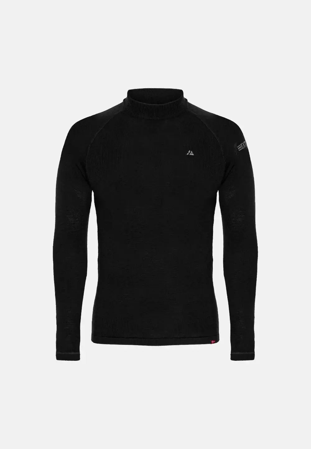 Black long-sleeve merino base layer shirt with high collar, logo on chest, and text on the sleeve.