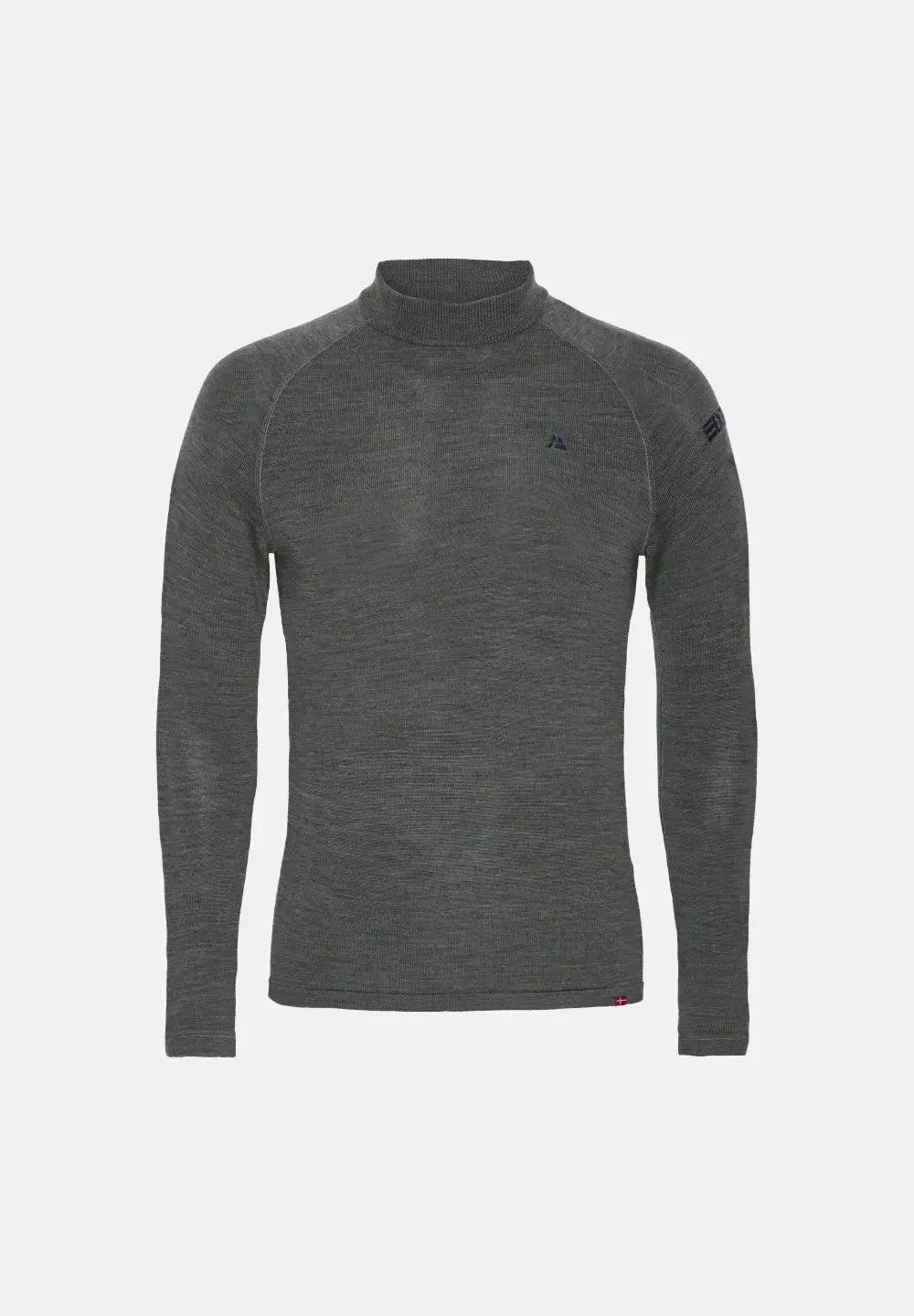 Dark gray long-sleeve merino wool shirt with high neck, featuring small logos on chest and sleeve.
