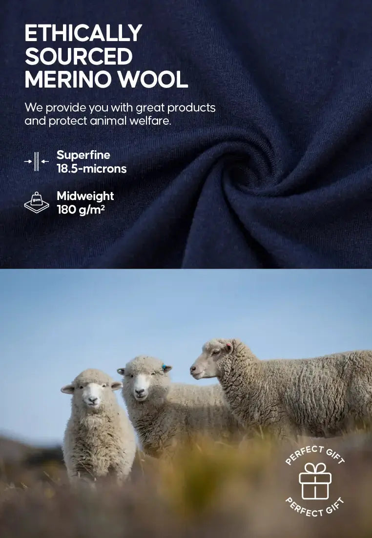 Ethically sourced merino wool text, close-up of navy fabric, and three sheep in a field.
