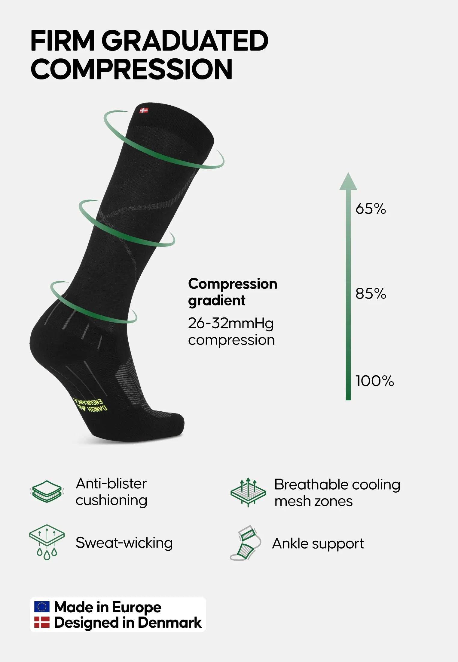 Black compression sock with gradient, anti-blister, sweat-wicking, mesh, ankle support; EU made.