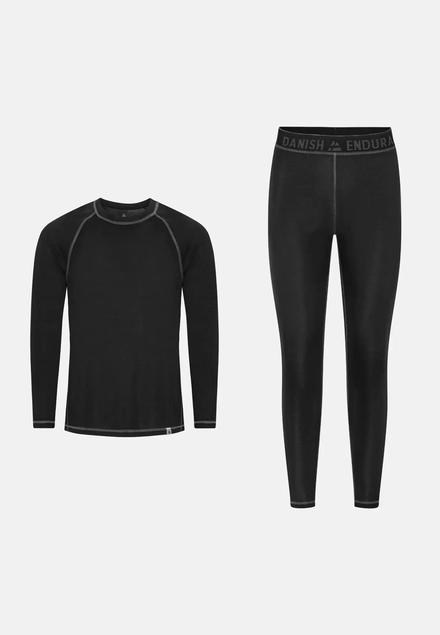 Black thermal underwear set with long-sleeve top and pants, gray stitching accents.
