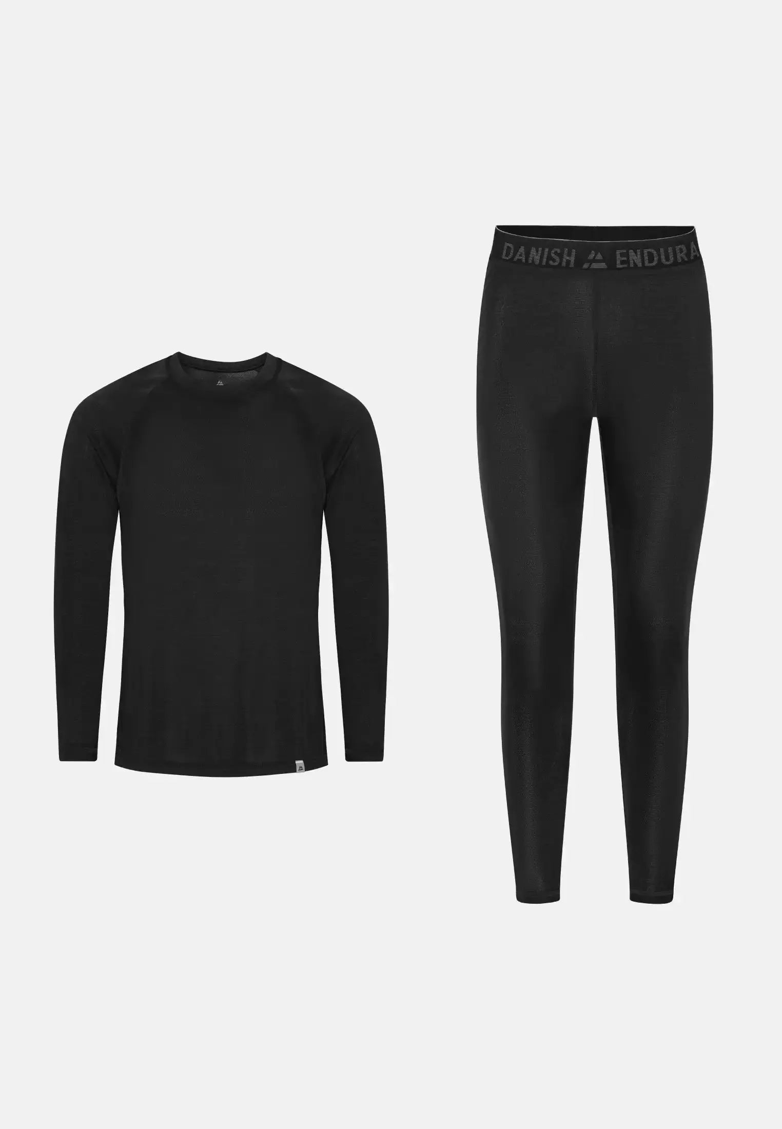 Black thermal top and leggings set, long sleeves, and "Danish Endura" waistband.