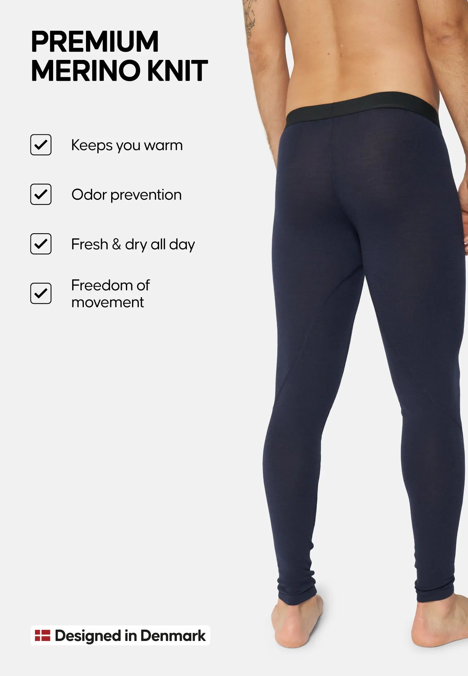 Man wearing navy merino wool pants, text reads: "Premium Merino Knit," with benefits listed.