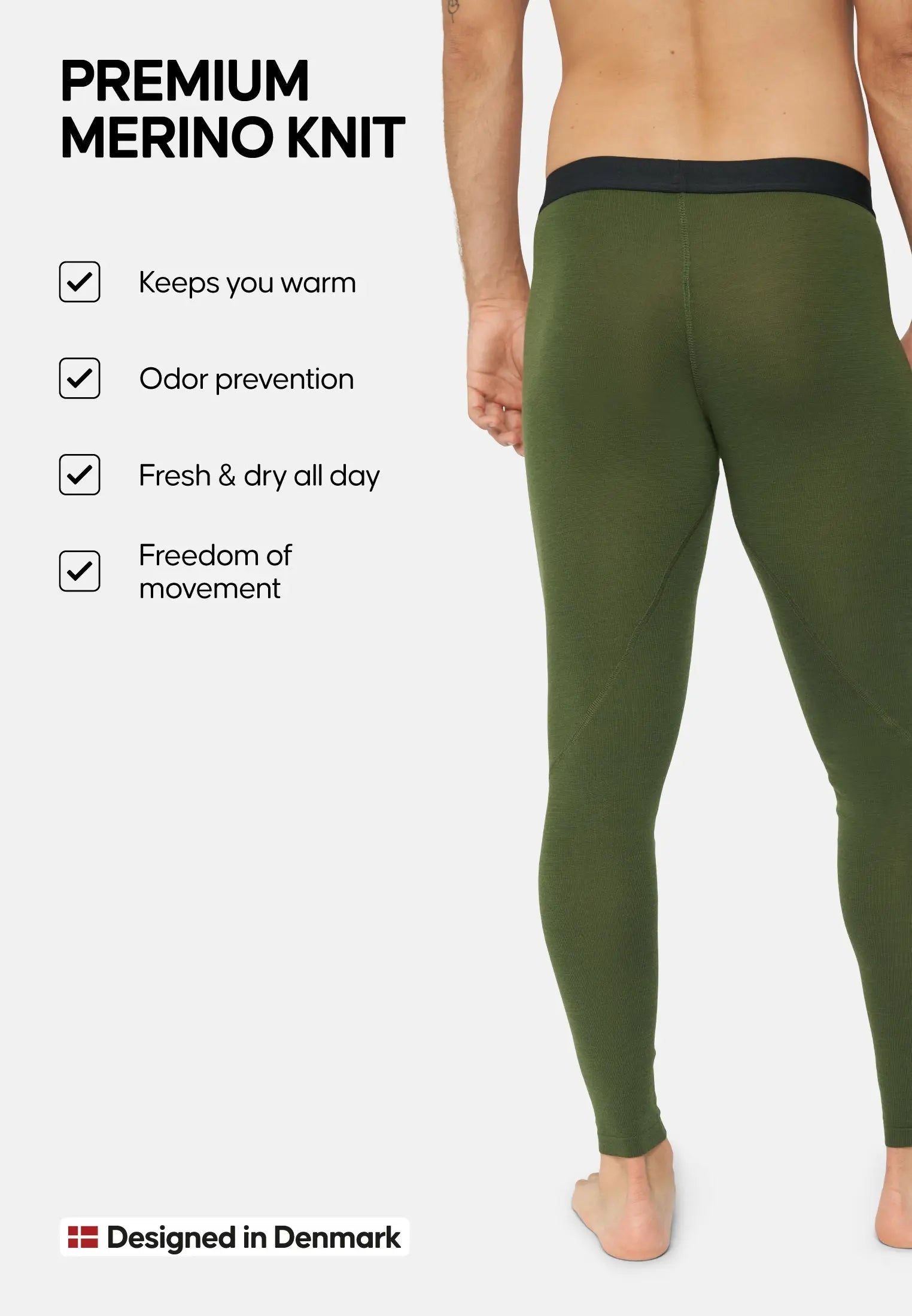 Man in green merino wool pants, benefits listed: warmth, odor prevention, freshness, movement.