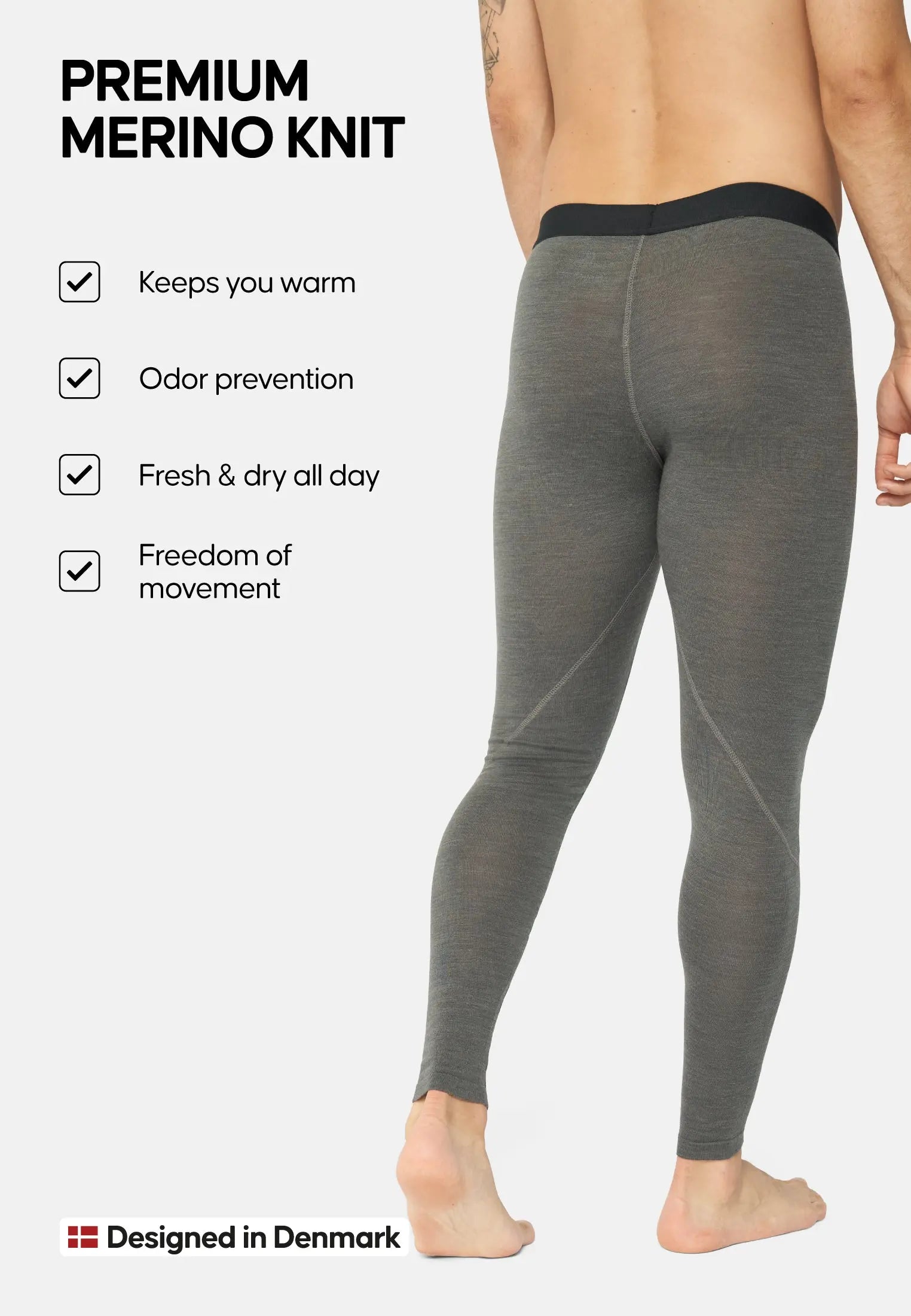Man in gray merino wool pants, features listed: warmth, odor prevention, freshness, movement. Denmark design.