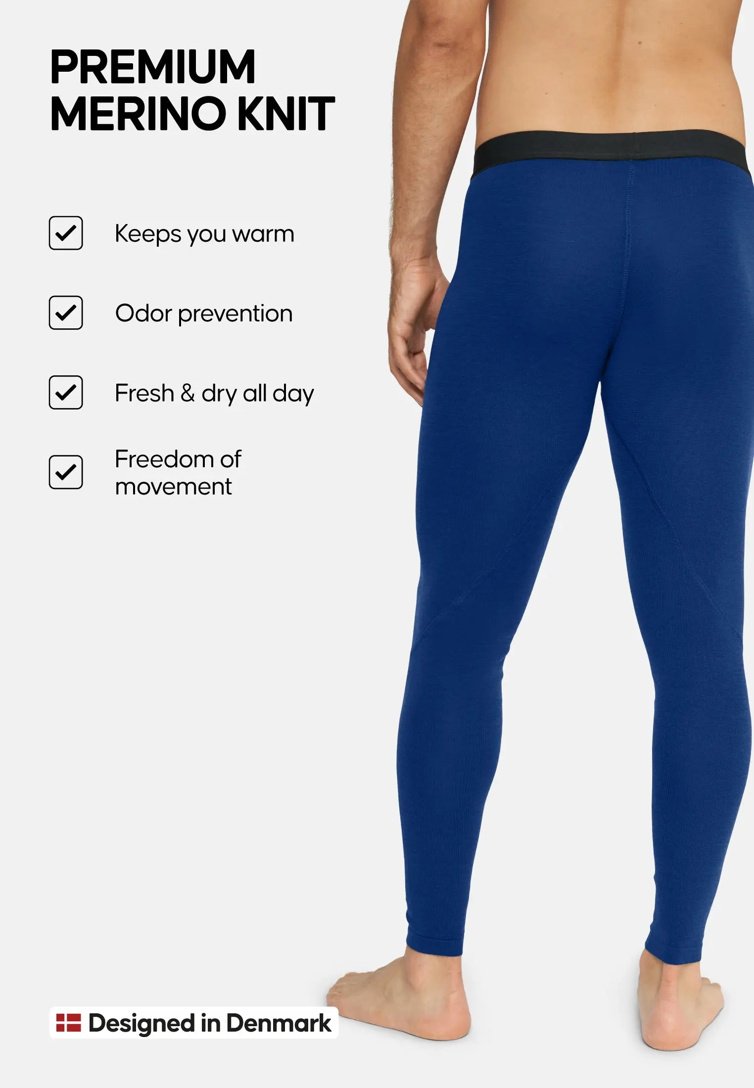 Man in blue merino wool pants, benefits listed: warmth, odor prevention, dryness, movement, Denmark design.