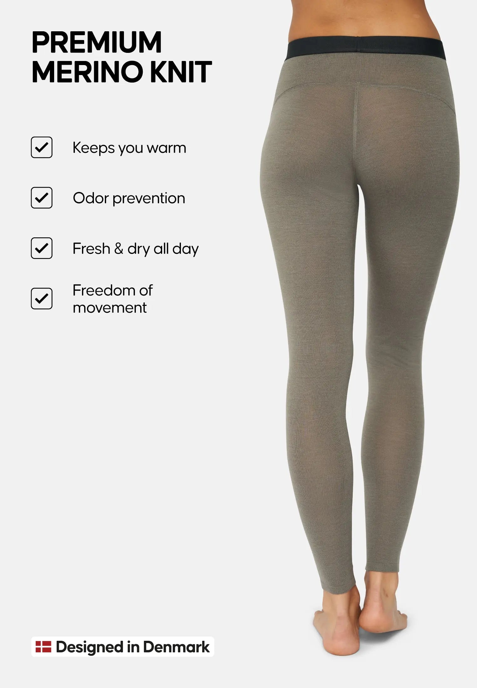 Woman in merino wool pants, benefits listed: warmth, odor prevention, freshness, freedom of movement.