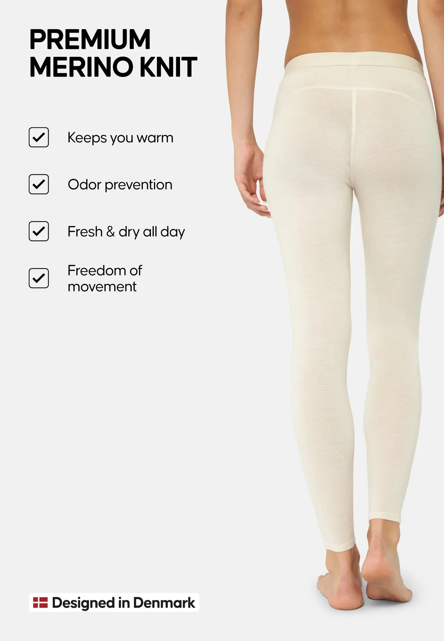 Woman in cream merino wool pants, text: warm, odor prevention, fresh, freedom of movement.