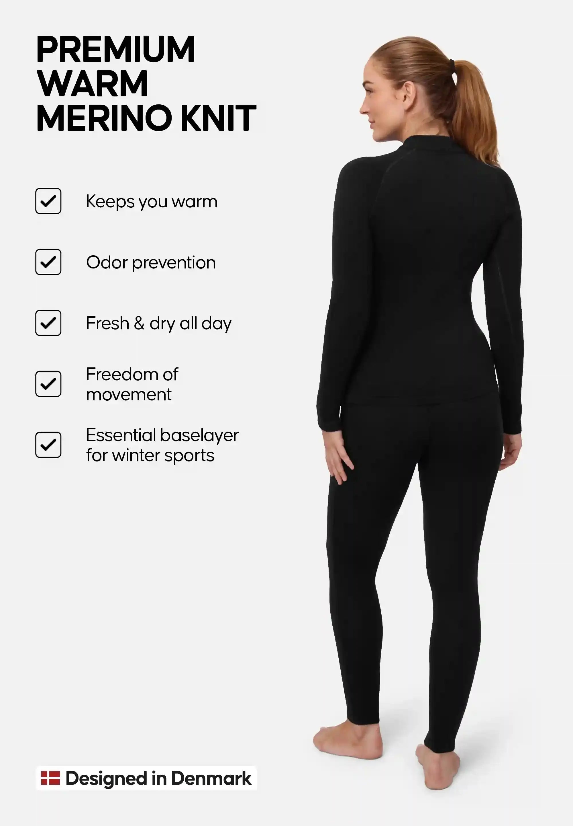 Woman in black merino base layer set, text highlights warmth, odor prevention, and winter sports use.