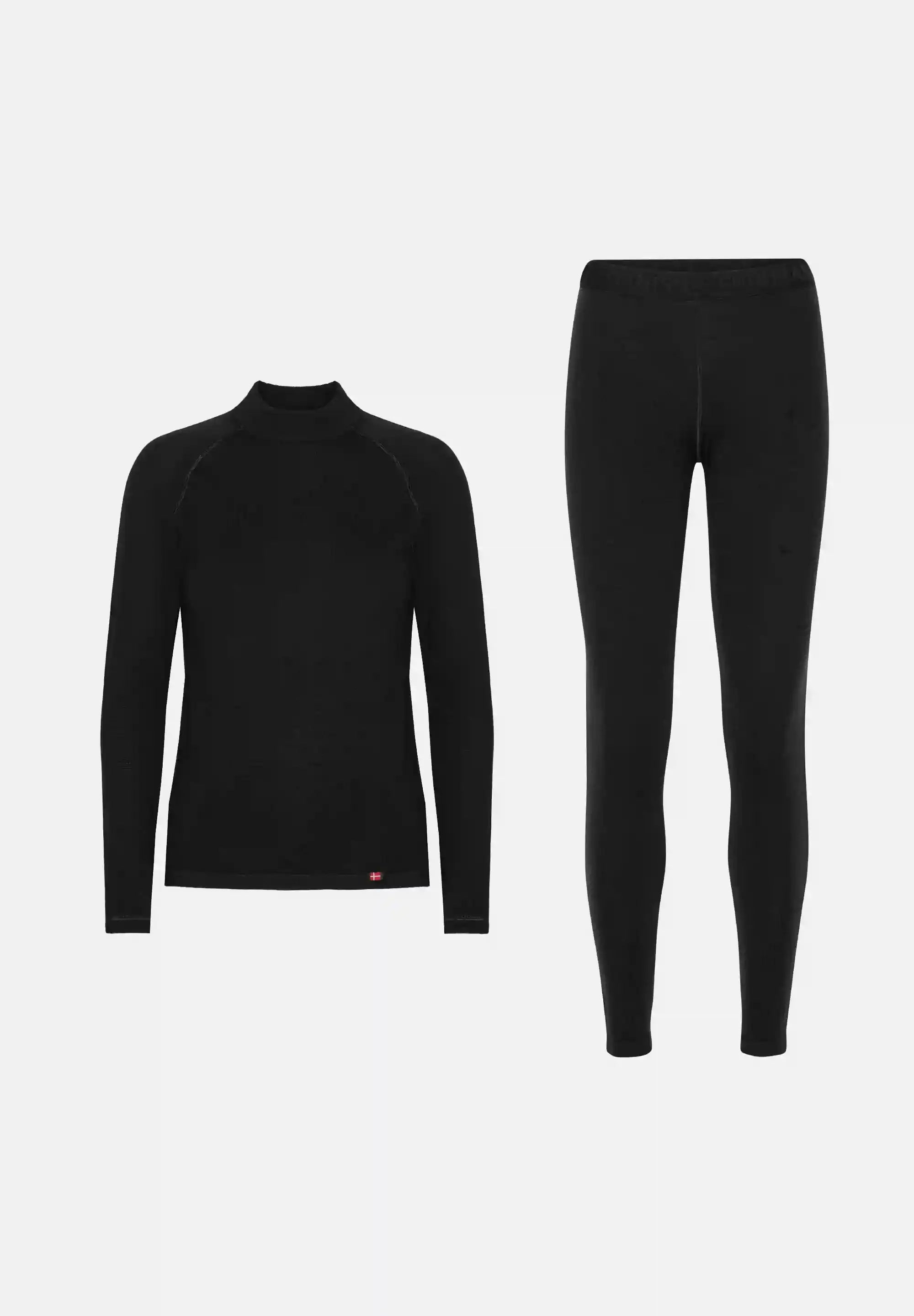 Black merino wool base layer set with long-sleeve top and leggings on a white background.
