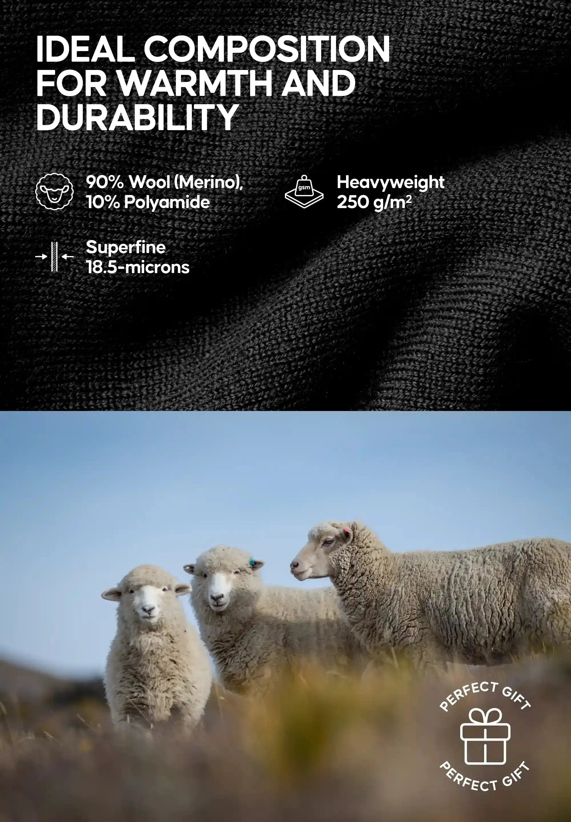 Text on wool durability with 90% Merino, 10% polyamide, and three sheep in a grassy field.