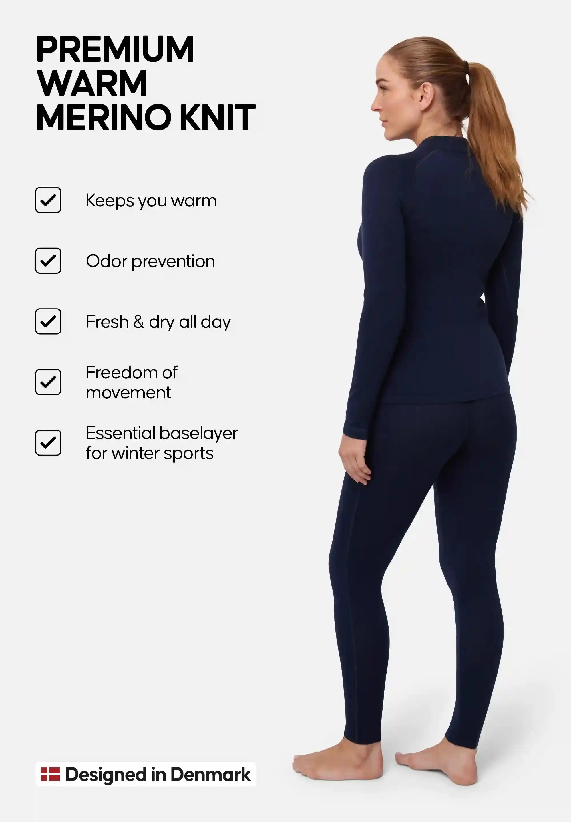 Woman in navy merino base layer, text highlights warmth, odor prevention, and movement freedom.