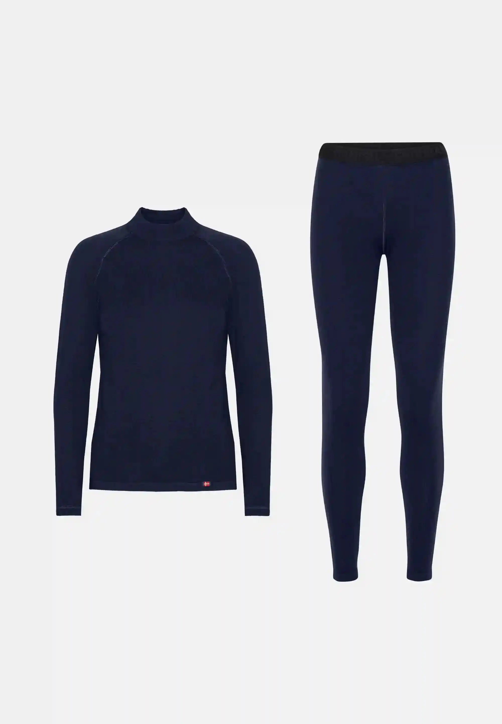 Navy blue merino base layer set with long-sleeve top and leggings on white background.