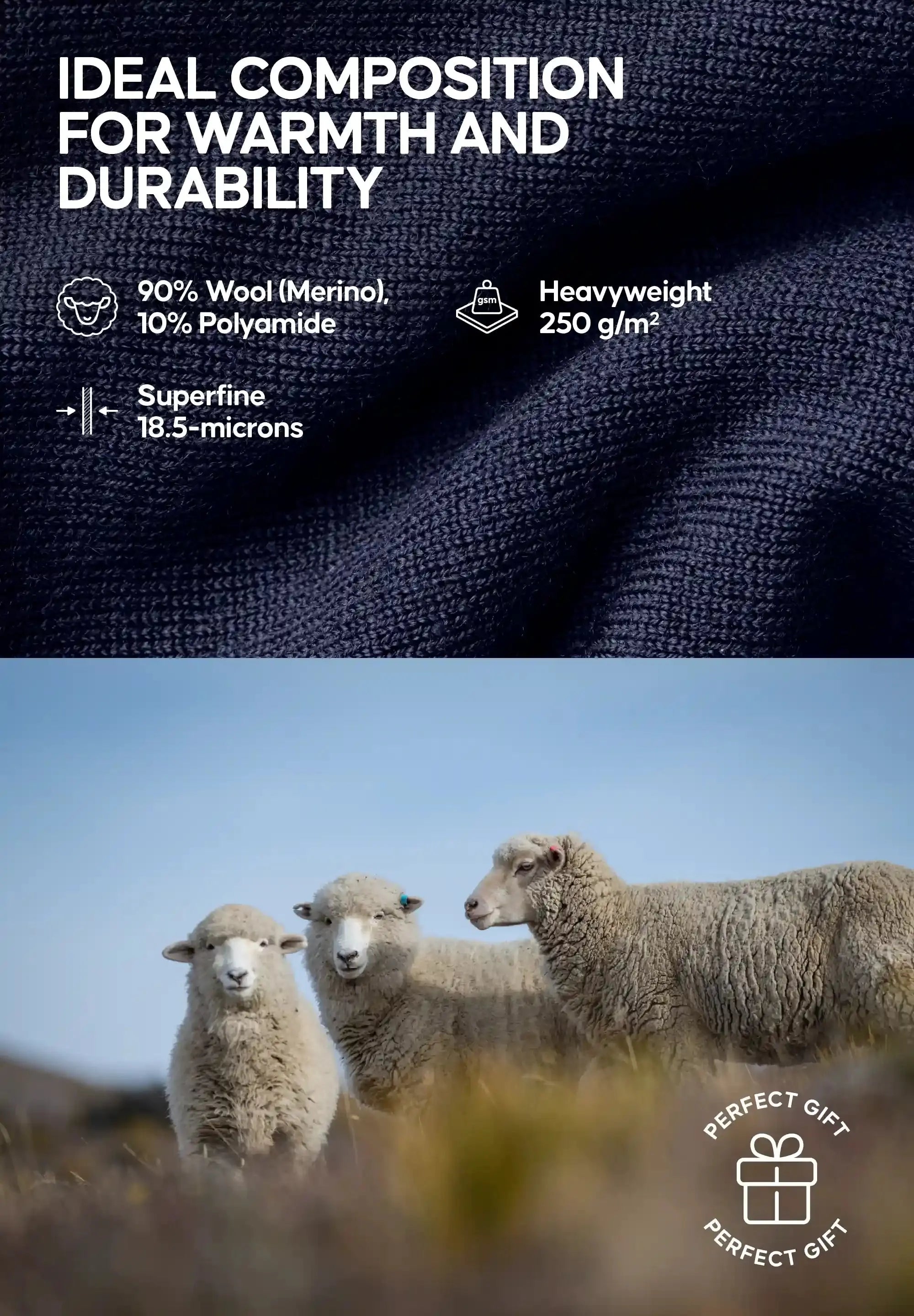 Text on Merino wool composition; image of three sheep in a field, labeled as a "perfect gift."