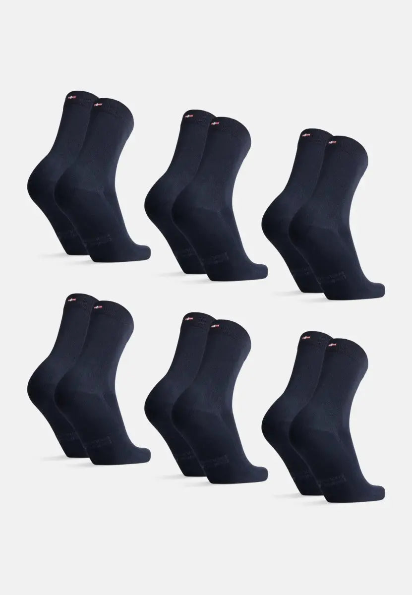 Six pairs of dark blue bamboo dress socks arranged in two rows on a white background.