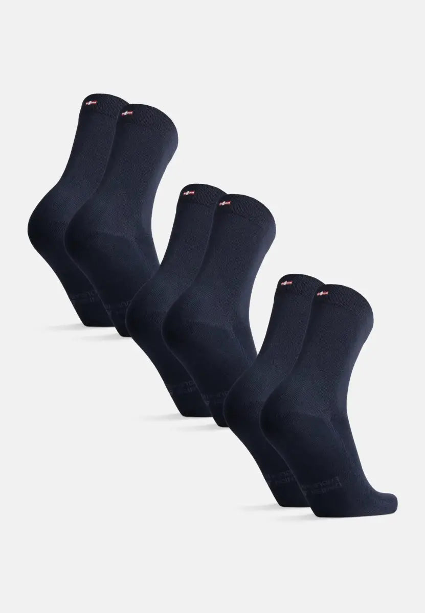 Five pairs of dark navy bamboo dress socks, arranged in a row on a white background.