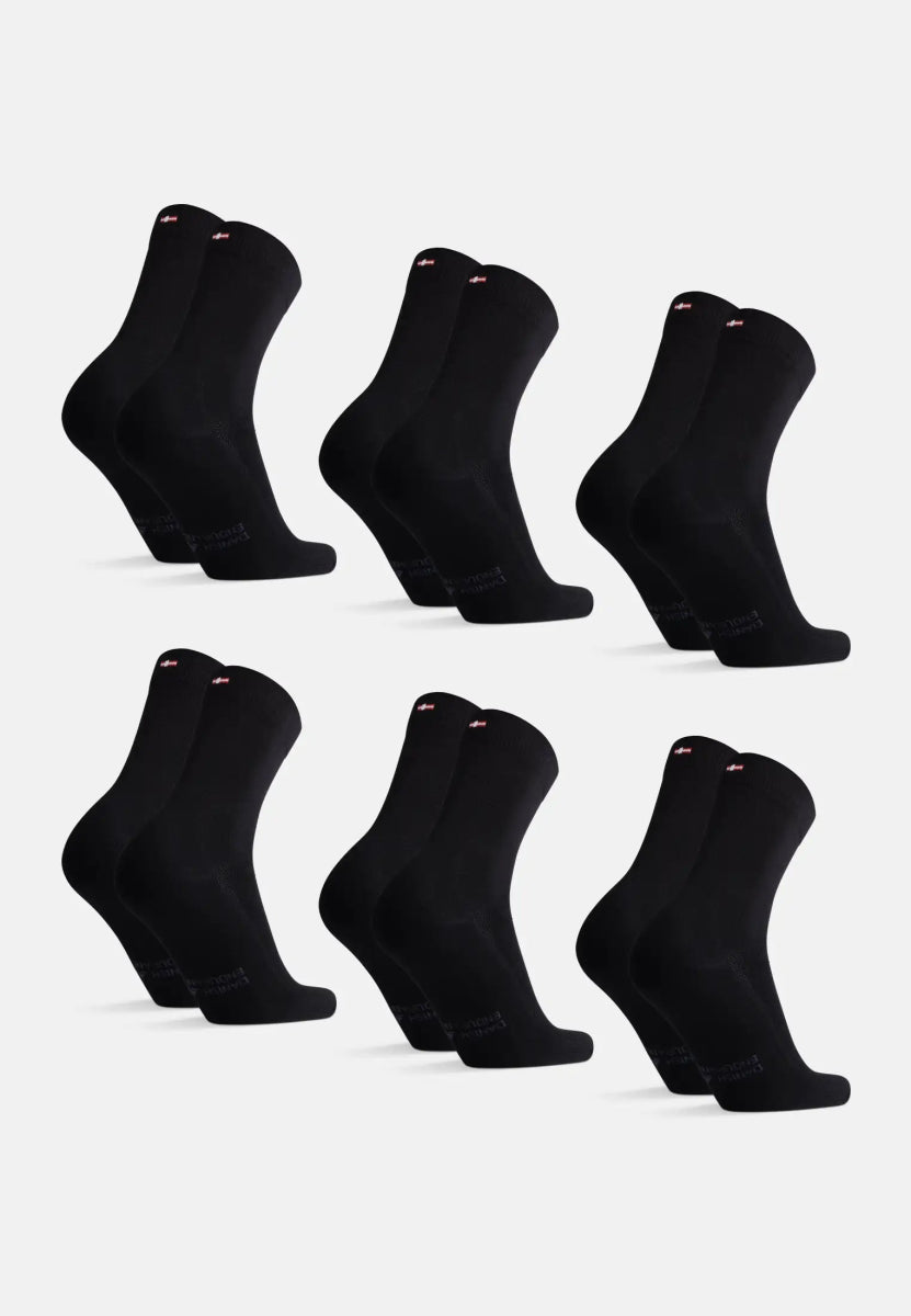 Six pairs of black bamboo dress socks, neatly arranged in two rows on a white background.