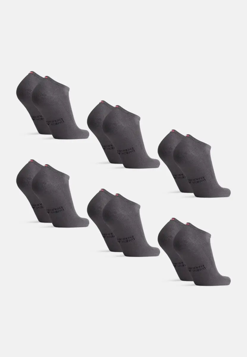 Six pairs of dark gray bamboo low-cut socks arranged in two rows on a white background.