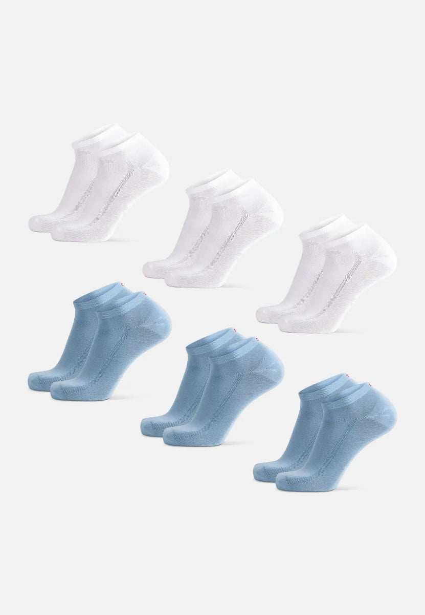 Six pairs of bamboo low-cut socks, three white and three light blue, arranged in two rows.