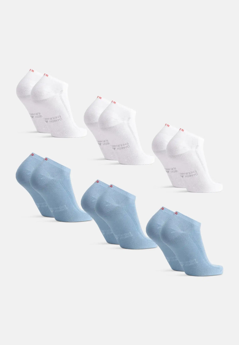 Six pairs of bamboo low-cut socks, three white and three light blue, arranged in rows on a white background.