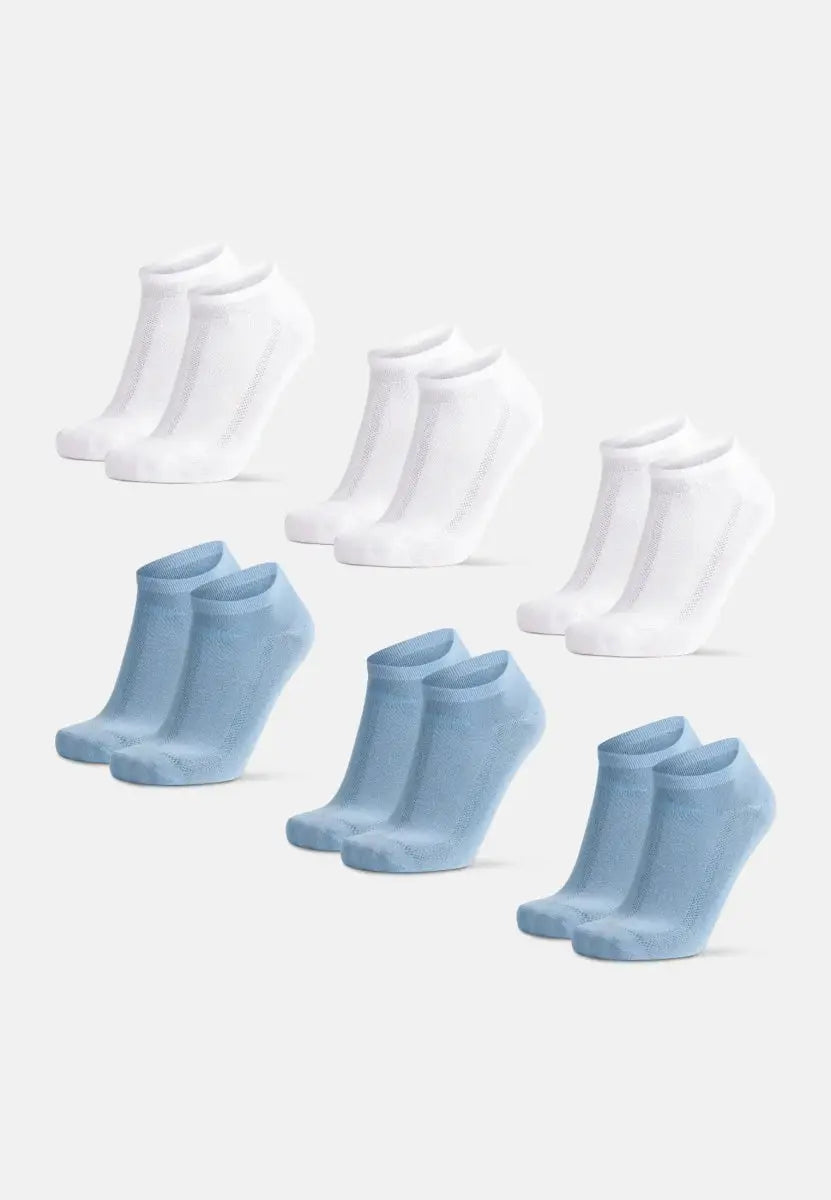 Six pairs of bamboo low-cut socks, three white and three light blue, neatly arranged on a white background.