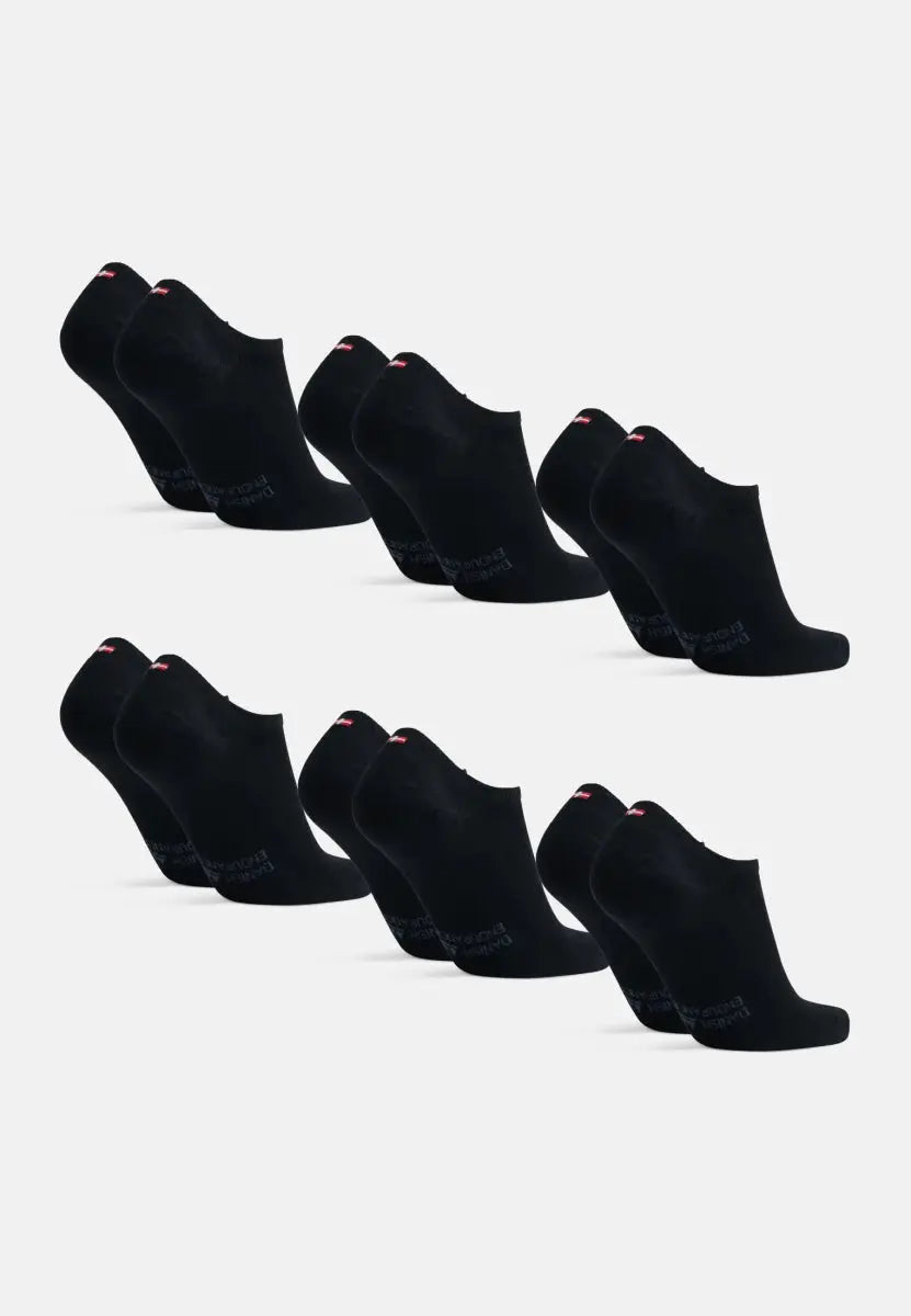 Multiple pairs of black bamboo no-show socks, arranged in two rows on a plain background.