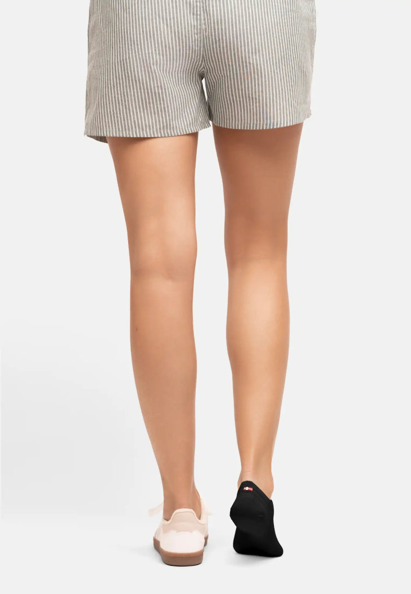 Person in shorts, one foot in white shoe, other in black no-show sock, back view.