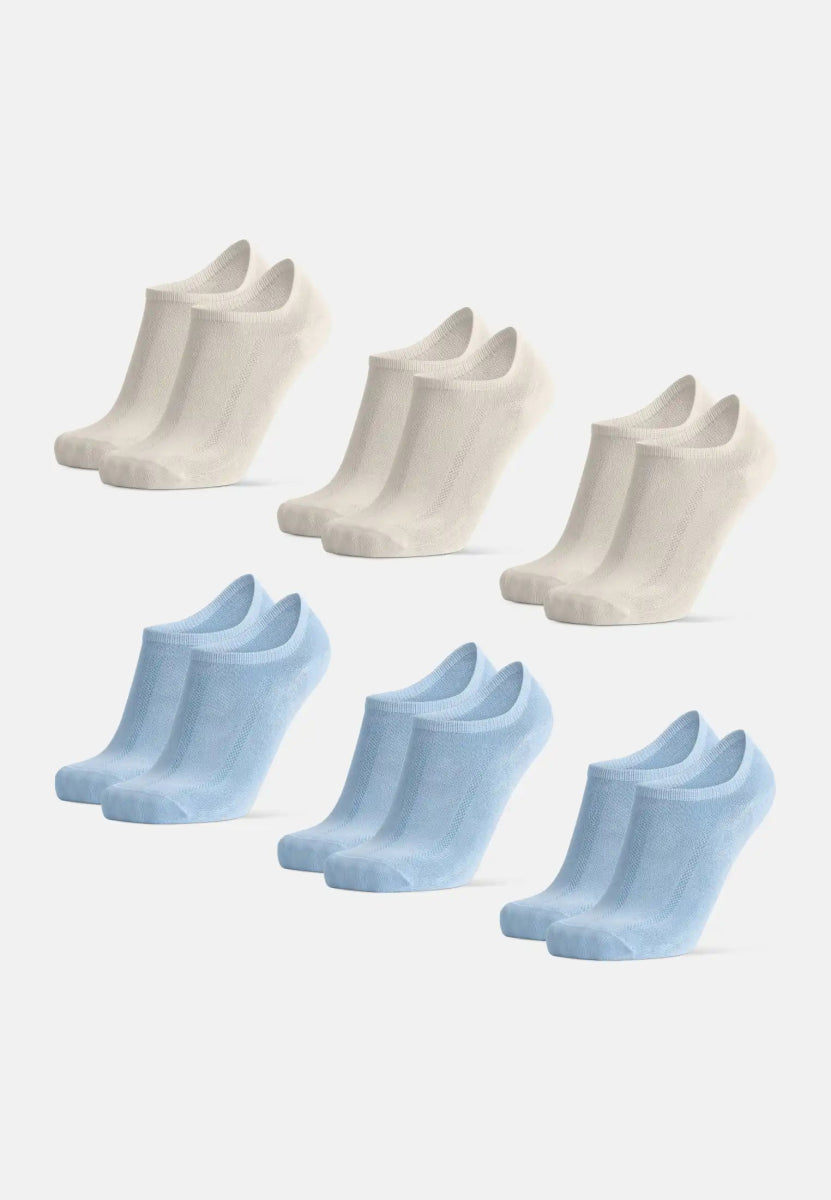 Six pairs of bamboo no-show socks, three beige and three light blue, neatly aligned.