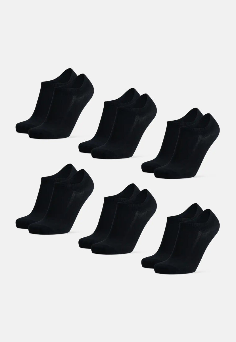 Six pairs of black bamboo no-show socks arranged in two rows on a white background.