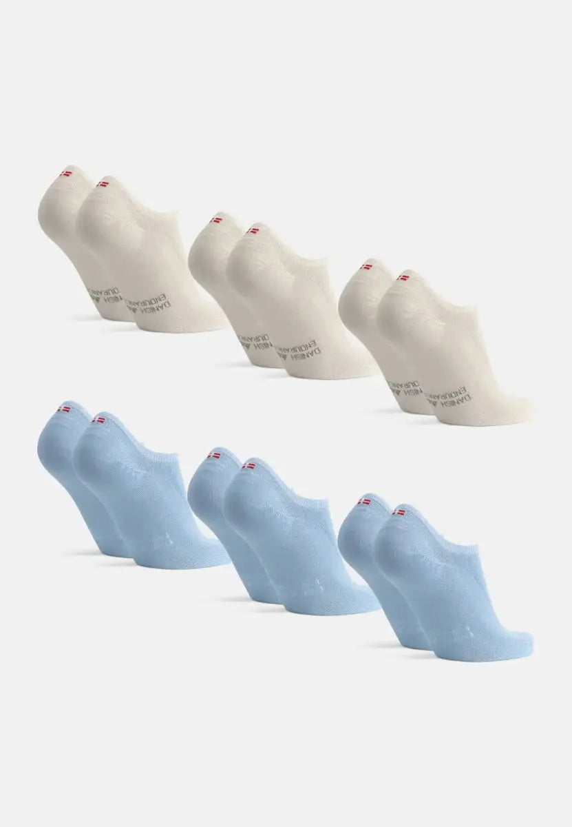 Two rows of bamboo no-show socks; top row white, bottom row light blue, with small red logos.