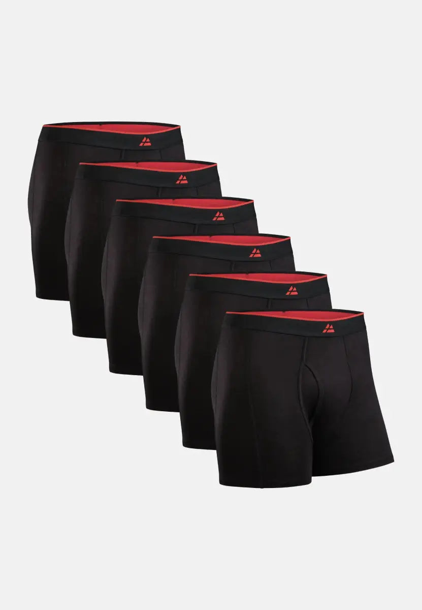 Six black bamboo trunks with red waistbands and fly, arranged in a staggered row.
