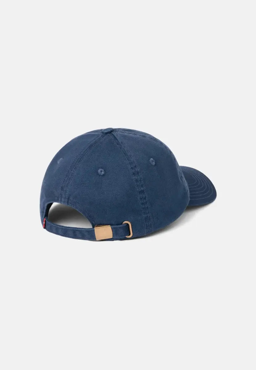 Blue baseball cap with adjustable strap and metal buckle, viewed from the back.