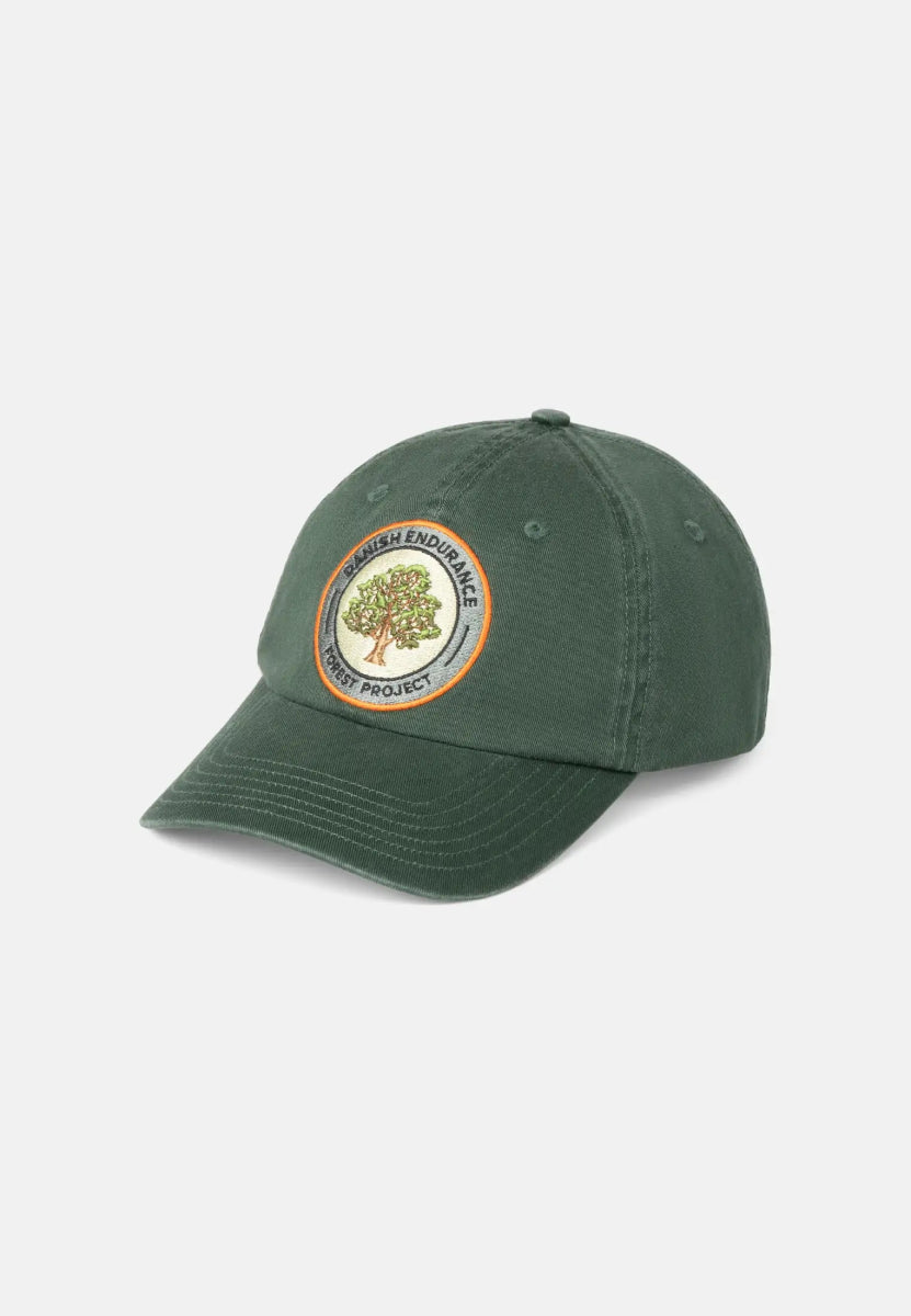 Green baseball cap with tree patch and "Danish Endurance Forest Project" text on a white background.