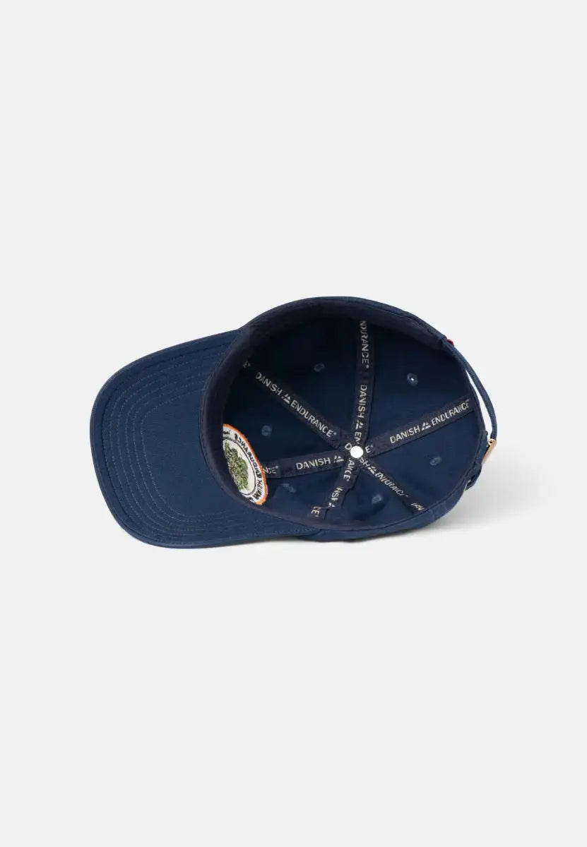 Inside view of a navy baseball cap with logo patch and visible stitched bands.