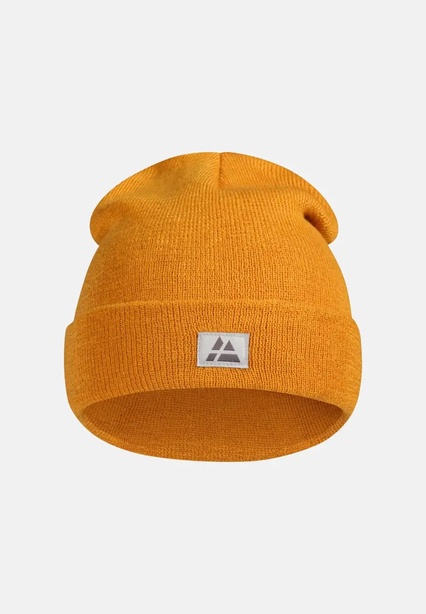 Orange knit beanie with folded cuff and logo patch, made from 100% recycled materials.