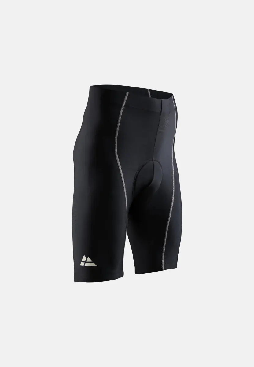 Black men's padded bike shorts with white stitching and logo on the left leg.
