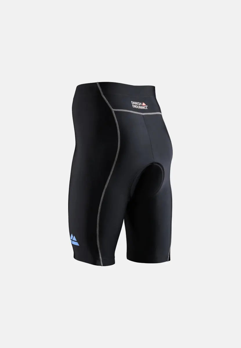 Black padded bike shorts with visible seams, logo on thigh, designed for men.