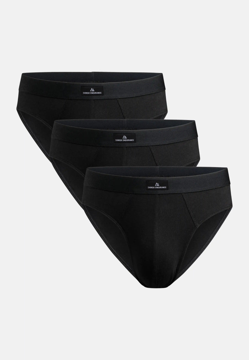 Three pairs of black cotton briefs with logo on waistband, arranged in a stack.