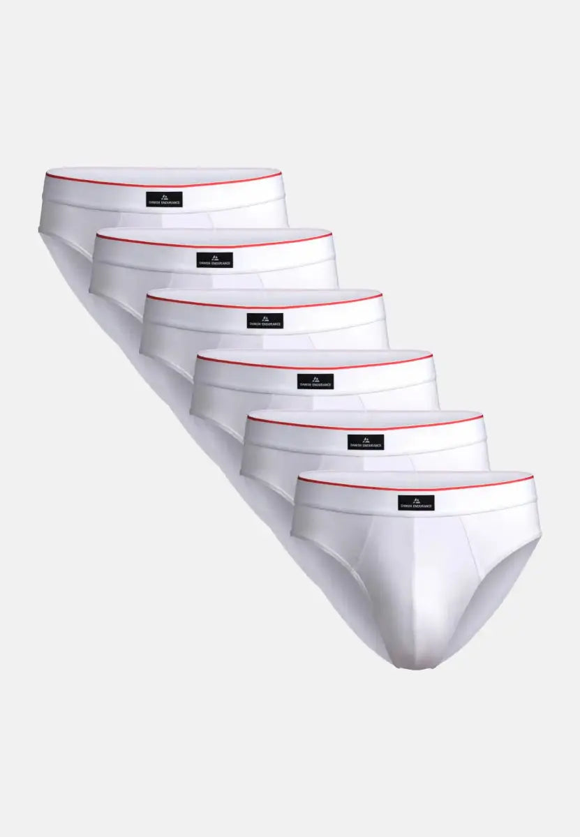 Five white cotton briefs with red waistbands and logo, stacked in a row.