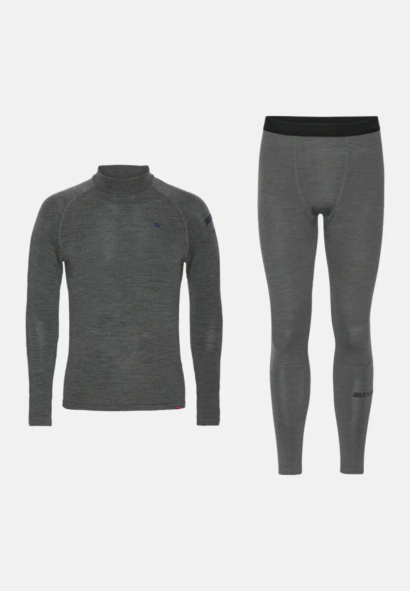 Gray merino wool base layer set for men, includes a long-sleeve top and leggings.