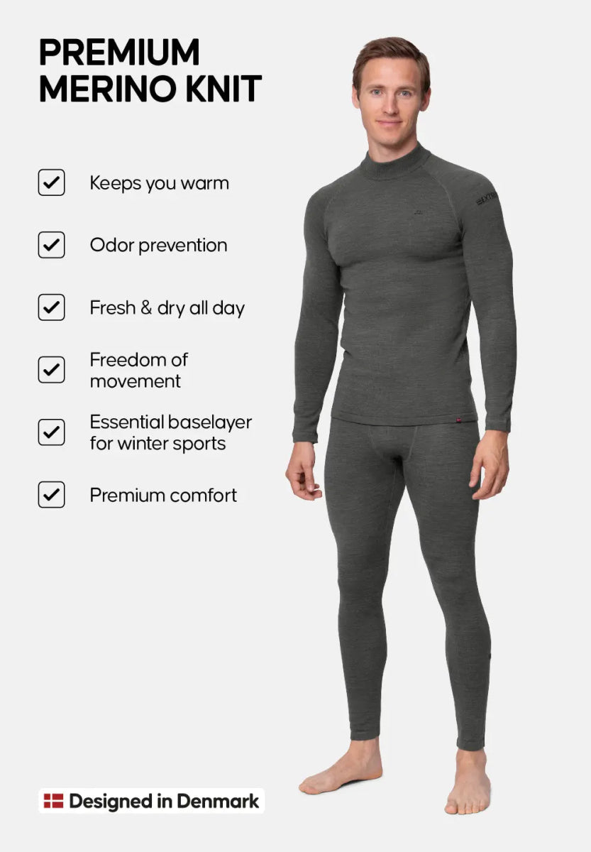 Man in gray merino wool base layer set; features listed: warmth, odor prevention, comfort.
