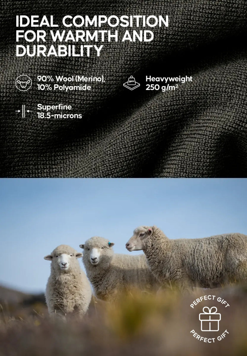 Textured fabric, 90% Merino wool, 250 g/m². Three sheep in a field. "Perfect Gift" icon.