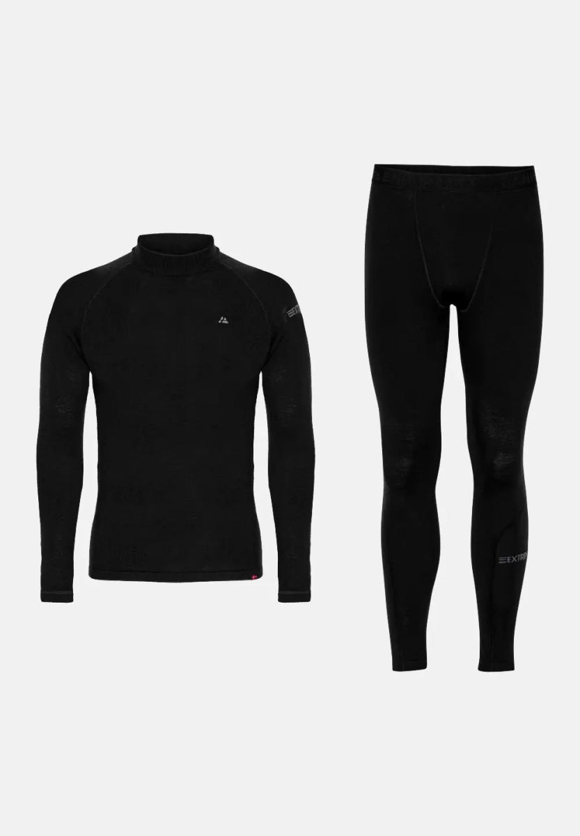 Black merino wool base layer set for men, includes long-sleeve top and leggings on a white background.
